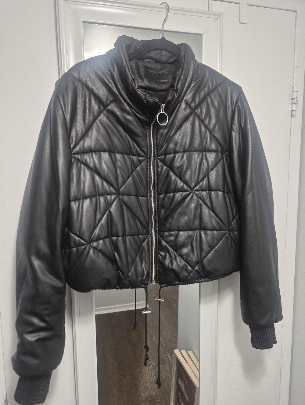 Black Quilted Faux Leather Puffer Jacket - Women’s